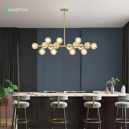 16-Light Globe Sputnik Chandelier, Linear Dining Room Light Fixture Over Table, Mid Century Modern Gold Chandeliers for Dining Living Room, Kitchen Island Lighting (Amber Bubble, 40 Inch)