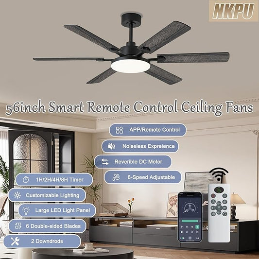 NKPU 56 Inch Ceiling Fans with Lights, Modern Black Ceiling Fan with Light and Remote Control, 6 Double Sided Blades, 6 Speed Reversible Motor, Dimmable LED, Silent Timing, Indoor Outdoor Patio Use