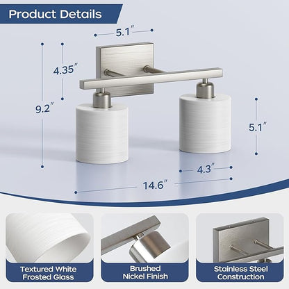 PARTPHONER Bathroom Light Fixtures, Bathroom Lighting Fixtures Over Mirror, Classic Vanity Lights, Modern Vanity Light with Textured Frosted Opal White Glass Shades, Brushed Nickel, 2-Light