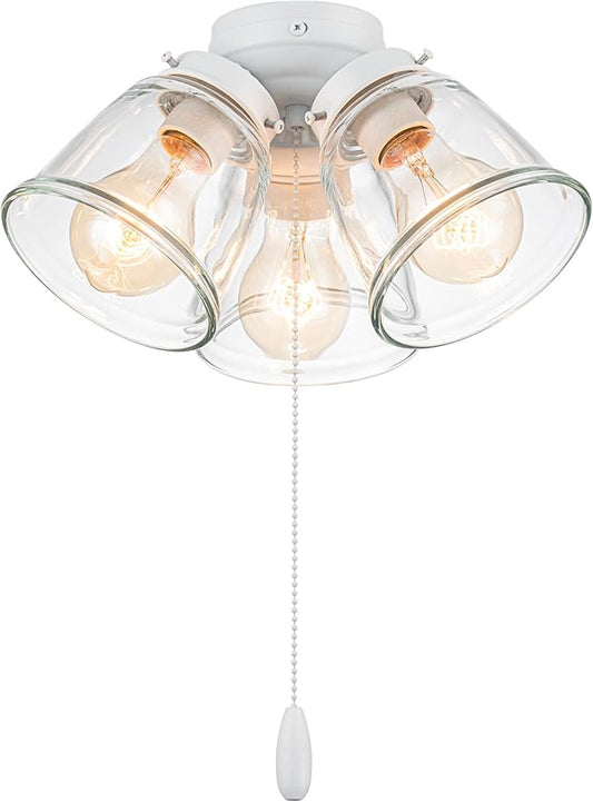 Aspen Creative 22013-1, Three-Light Ceiling Fan Light Kit with Pull Chain, Matte White Finish with Clear Glass Shades, 13-1/8" Diameter x 6-3/4" Height