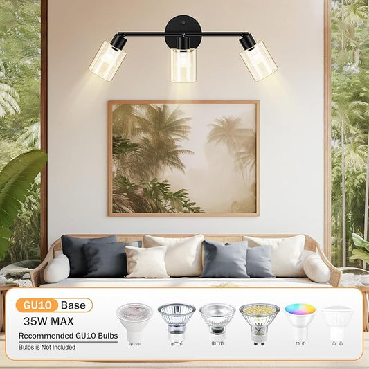 3 Light Led Track Lighting Kit, Glass Lightshade, Modern 3 Way Ceiling Spot for Kitchen, Dining Room, Bedroom, Hallway, Flexibly Rotatable Head, Black, GU10 Bulb Not Included