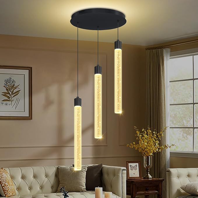 LED Black 3-Light Pendant Light for Kitchen Island Modern Dimmable Led Crystal Column Chandelier for Dining Room Foyer Entryway Hanging Pendant Lighting 2700K-6000K