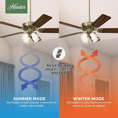 Hunter 52 inch Indoor Ceiling Fan with LED Lights and Pull Chain - Brass Ceiling Fan, Standard Mount, 5 Blades, For Bedroom, Living Room, or Kitchen, Quiet - Studio Series 53063, Antique Brass