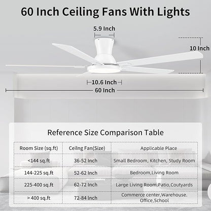 60 Inch White Ceiling Fans with Lights and Remote, Flush Mount Low Profile 5 Blades Ceiling Fan with 10 Inch Lighting Fixture, Quiet Reversible DC Motor for Living Room, Bedroom and Patio