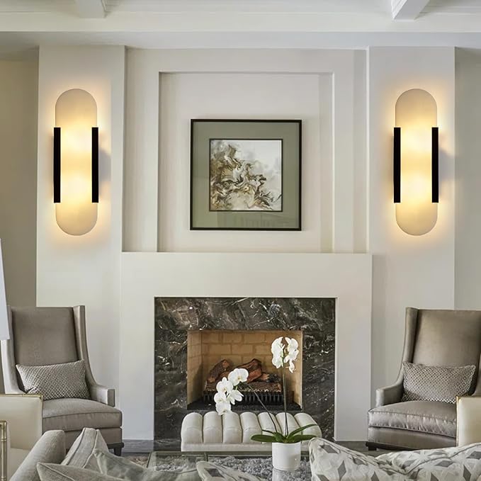 13.8in Alabaster Wall Sconces Set of Two, Natural Marble Wall Lighting，Alabaster Wall Lamp for Bedroom Stairs, Living Room, Vanity, Hallway Bedside(Bulb Included)