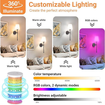 Peel and Stick Wall Sconces, Stick On Wall Sconce Set of 2, Battery Operated Wireless Adhesive Wall Lights, Corn Bulb with 10000mAh Battery, Easy Install for Bedroom Living Room Wall Decor