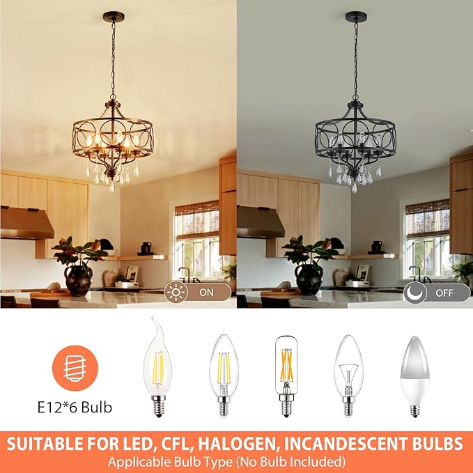 Modern Black Chandelier 17.7" Metal Crystal Pendant Lighting Fixture Hanging 6-Light for Dining Room Bedroom Living Room Kitchen Entryway