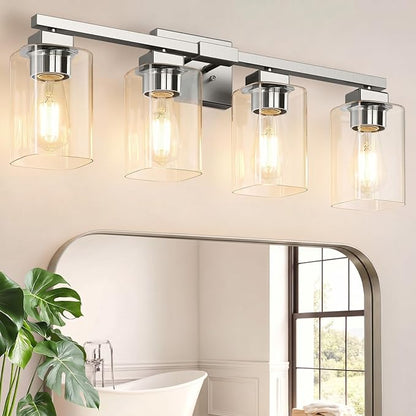 BesLowe 27" 4-Light Bathroom Light Fixture, Modern Brushed Nickel Bathroom Vanity Light, Bathroom Lighting Fixtures Over Mirror, Matte Nickel Bathrom Wall Lamp, Wall Lights for Living Room Bedroom