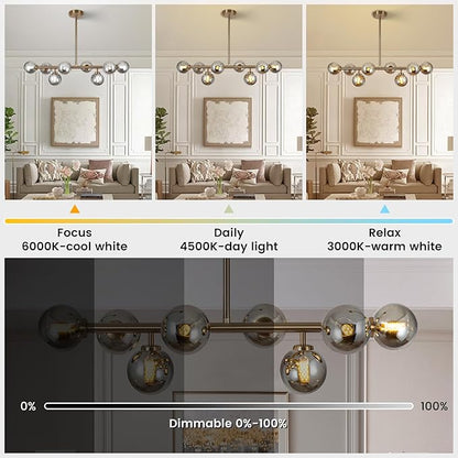 Sputnik Chandelier Gold Pendant Linear Light Modern Mid Century Light Fixture Grey Globe Shade for Dining Living Room Kitchen Island 8-Light