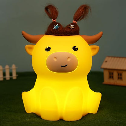 Highland Cow Night Light, Fluffy Cow Squisy Lamp for Kids, Soft Silicone Animal Nightlamp with 2 Levels Dimmable & 20 Mins Timer, Rechargeable LED Light Gifts for Baby Boys Girls