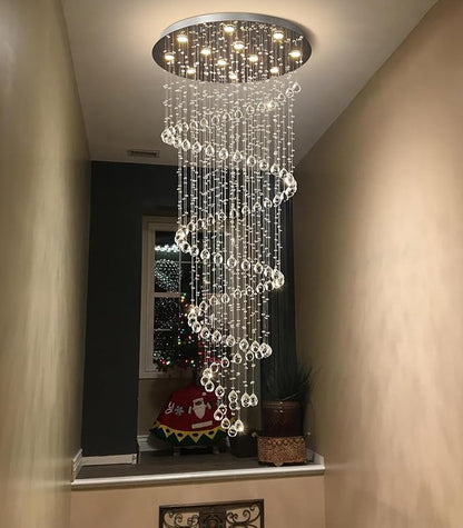 HAIXIANG LED High Ceiling Chandelier Crystal Chandeliers Light Fixtures with Dimmable Light Bulbs Gold Living Room Foyer Chandelier Modern Pendants Lights for Entryway Staircase Silver
