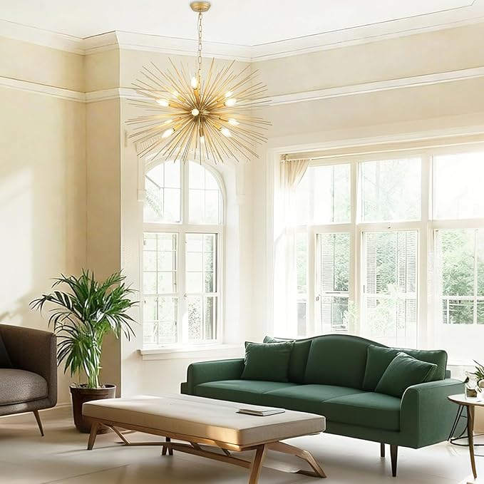 Modern 33.8in Gold Sputnik Chandeliers 12-Light Mid-Century Starburst Chandelier Light Fixture Solid Metal Satellite Large Chandelier for High Ceiling Dining Room Living Room Foyer E12