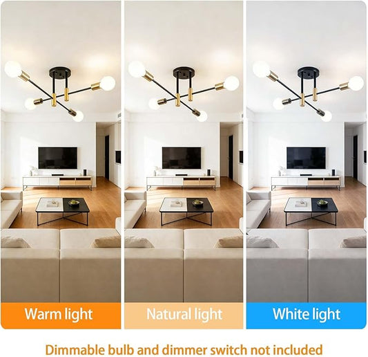 Modern Sputnik Chandelier 4-Light Adjustable Ceiling Light Fixture Black and Gold Semi Flush Mount Ceiling Lamp with E26 Base Industrial Ceiling Light for Dining Room Bedroom Living Room