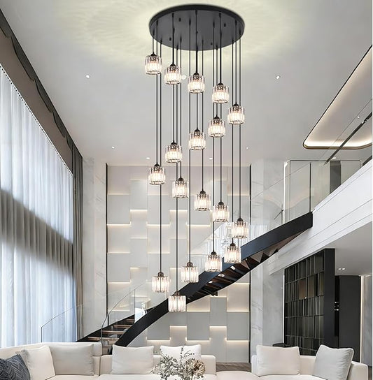 Long Raindrop Crystal Chandelier for High Ceilings Modern Crystal Long Pendant Light, Staircase Foyer Entryway Pendant Light,Raindrop Drop Lamp, Large 23.6" Black Ceiling Plate18 Lights