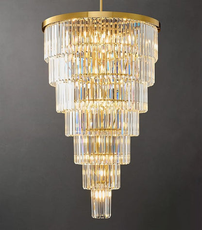 Crystal High Ceiling Chandelier Modern: 30" 7-Tiered Dimmable Staircase Chandeliers - Large Long Gold Hanging Pendant Light Fixture For Entryway Foyer Living Room - Round Flush Mount Ceilings Lights