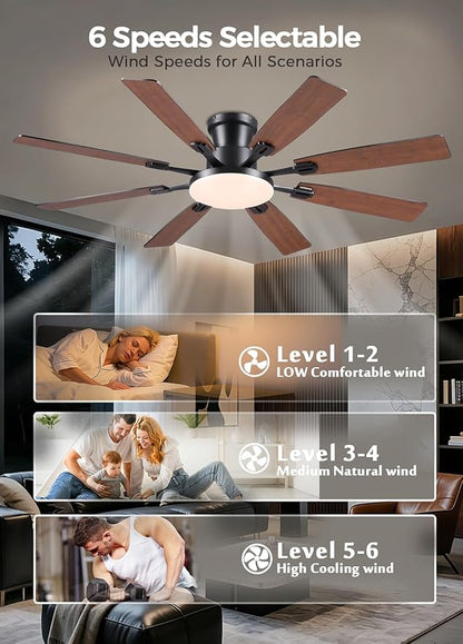 JSAITEE 60Inch Ceiling Fan with Lights and Remotes, Large Low Profile Flush Mount Ceiling Fans,DC Reversible Motor, 3CCT Dimmable,Noiseless,Dual Finish, Brown 6 Speeds Ceiling Fan for Indoor/Outdoor