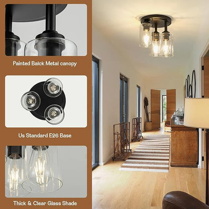 Mayful Semi Flush Mount Ceiling Light, 3-Light Black Fixture with Clear Glass Shade, Cluster Cylinder Design for Kitchen Dining Room Hallway Foyer Entryway