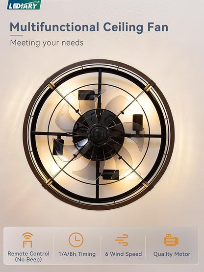 LEDIARY 20" Caged Ceiling Fan with Light and Remote, Low Profile Flush Mount Fandelier, Walnut Bladeless Enclosed Small Fan Lights Ceiling Fixtures, Rustic Farmhouse Style for Bedroom, Outdoor
