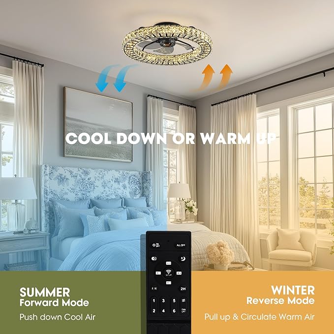 LUDOMIDE Flush Mount Ceiling Fan with Light, 22" Modern Crystal Chandelier Ceiling Fan with Smart 4-Light Color Change, Dimmable LED Ceiling Fan, 6 Wind Speeds, Low Profile Ceiling Fan for Bedroom