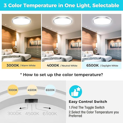 zemty 6Pack 6.5Inch LED Ceiling Lights Brushed Nickel, 12W 1200lm Small Flush Mount Light Fixture, 3000K/ 4000K/ 6500K Round Flat Recessed Ceiling Lights for Kitchen, Closet, Hallway,Pantry