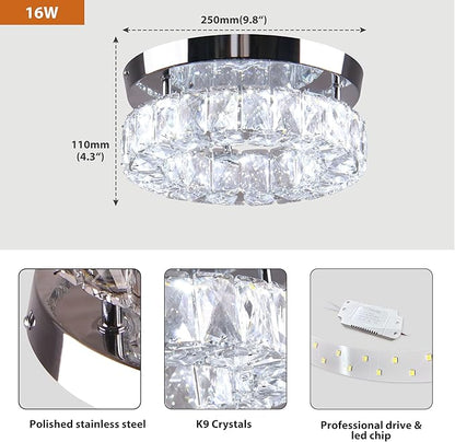 9.8" Crystal Flush Mount Ceiling Light Fixtures LED Round Mini Chandelier Light Fixture Ceiling Lamp for Kitchen Hallway Foyer 15 W 6000K Cool White