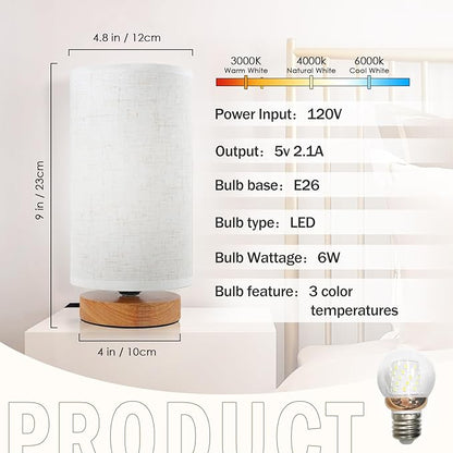 Minimalist Bedside Table Lamps for Bedrooms Set of 2, 3 Color Temperature Bedside Lamps with Round Fabric Linen Shade,Small Desk Lamp Night Nightstand Lamp Set for Living Room, Reading ,Office
