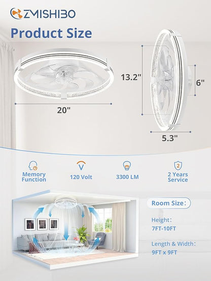 ZMISHIBO Low Profile Ceiling Fans with Lights, Flush Mount Modern Ceiling Fan and Remote Control, 20" LED Ceiling Fans, Stepless Dimmable 3 Colors and 6 Speeds