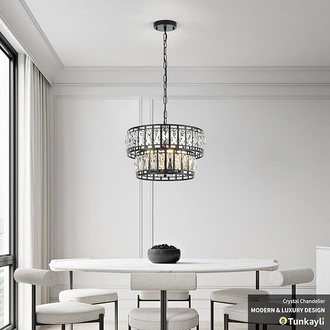 Dining Room Chandeliers K9 Crystal Black Metal Chandelier Modern 2-Tier Drum Farmhouse 16in Contemporary Round Light Fixture for Bedroom Entryway Kitchen Island Living Room