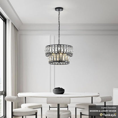 Dining Room Chandeliers K9 Crystal Black Metal Chandelier Modern 2-Tier Drum Farmhouse 16in Contemporary Round Light Fixture for Bedroom Entryway Kitchen Island Living Room