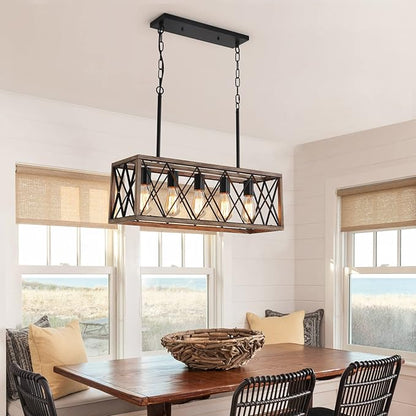 KEESFU 5-Light Dining Room Light Fixture, Farmhouse Kitchen Island Lighting,Adjustable Height Pendant Light, Rustic Linear Chandelier for Kitchen, Dining Room Table, Pool Table. (Wood Grain Color)