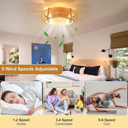 Ganeed 20.86" Boho Caged Ceiling Fan with Lights and Remote, Flush Mount Low Profile Rattan Ceiling Fans with Lights, Enclosed 6 Speeds Farmhouse Woven Ceiling Fan for Bedroom, Living Room, Kitchen