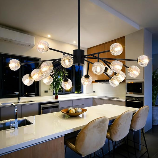 Depuley Modern Black Sputnik Chandelier: 18-Light Large Crystal Glass Chandelier for Living Room - Kitchen Island Light Fixture Mid Century Hanging Lamp for Dining Room (Included G9 Bulbs)