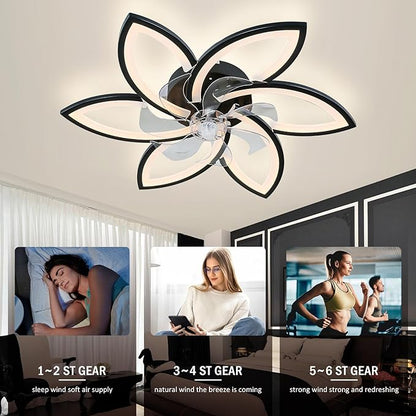 Ceiling Fan with Lights and Remote Control Low Profile Ceiling Fan with Lights Modern Dimmable Flower Shape 29.1" Black, 6 Speeds 3 Light Color Flush Mount Fandelier for Kitchen Bedroom
