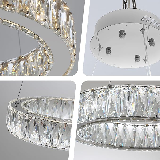 Modern LED 23.6" Ring Chandelier for Dining Room Living Room Dimmable Crystal Pendant Light Adjustable Round Chrome Crystal Chandelier