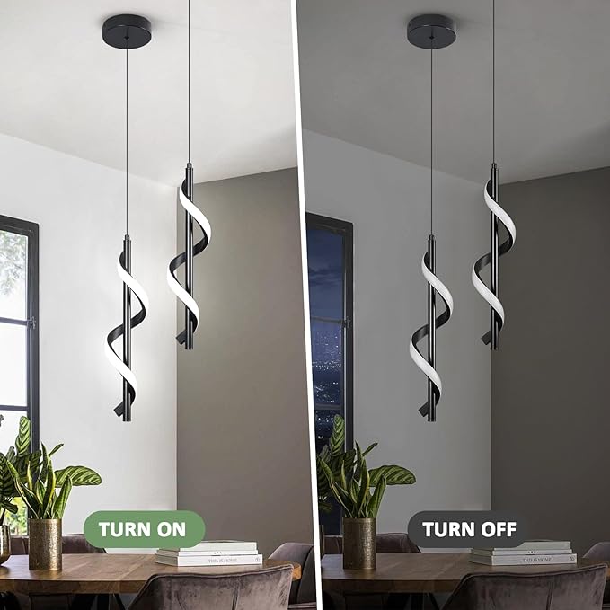 13W Modern Spiral Led Pendant Light Fixture, Cold White 5500K Minimalist Integrated LED Hanging Lamp, Adjustable Hanging Island Light Fixture For Bedroom Living room Kitchen Sink, 1 Pack (Black)
