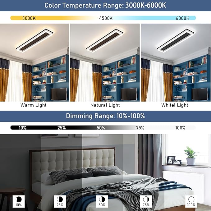 Dimmable Led Ceiling Light with Remote Control Modern Linear Flush Mount Ceiling Lighting Fixture Acrylic Long Ceiling Lamp for Living Room Kitchen Dining Room Hallway (Black&White, 2 Packs)