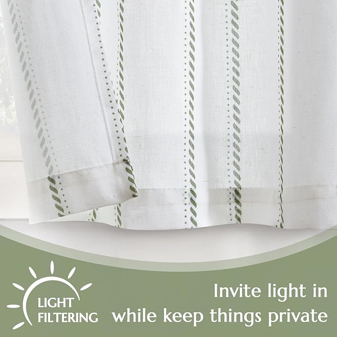 jinchan Linen Striped Kitchen Curtains Tier Cafe Curtains for Living Room Bathroom RV 36 Inch Farmhouse Rustic Half Window Treatment Light Filtering 2 Panels Green on White