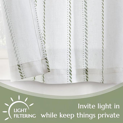 jinchan Linen Striped Kitchen Curtains Tier Cafe Curtains for Living Room Bathroom RV 36 Inch Farmhouse Rustic Half Window Treatment Light Filtering 2 Panels Green on White