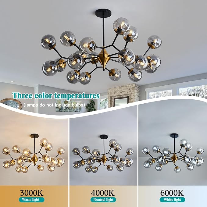 hesoge 20 Light Extra Large Sputnik Chandelier Mid Century Modern Black and Gold Ceiling Light Fixture with Glass Globe Pendant Light Hanging for Dining Room Kitchen Living Room Foyer.