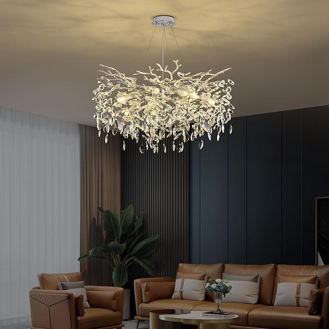 Tree Branch Chandelier Modern Crystal Pendant Light, Luxury Chrome Art Deco Raindrop Lighting Fixture for Dining Room Bedroom Living Room 10 Lights D30''