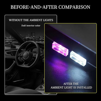 4 PCS USB LED Car Interior Atmosphere Lamp, Portable Mini Auto LED Decor Night Light, Plug-in USB Interface Ambient Lighting Kit, Universal Car Interior Accessories(White+Purple)
