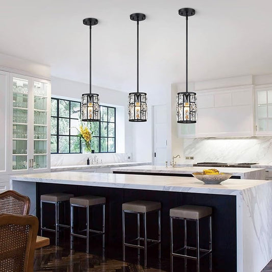 MEXO Modern Crystal Pendant Light Fixture 3-Pack Matte Black Finish Hanging Lighting Crystal Chandelier for Living Room, Kitchen, Hallway