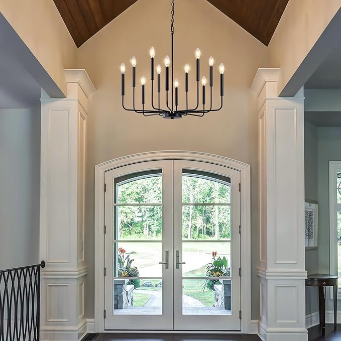 Modern Black Chandelier for Dining Room,Metal 12-Light Kitchen Light Fixtures, Farmhouse Candle Hanging Pendant Light for Living Room Entryway Foyer Bedroom (Bulbs Not Included)