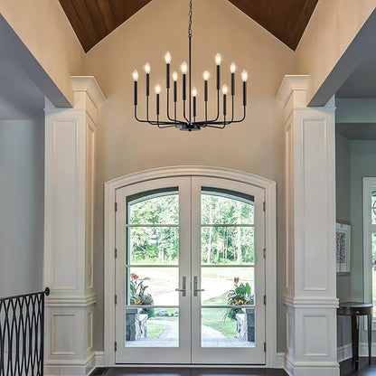 Modern Black Chandelier for Dining Room,Metal 12-Light Kitchen Light Fixtures, Farmhouse Candle Hanging Pendant Light for Living Room Entryway Foyer Bedroom (Bulbs Not Included)