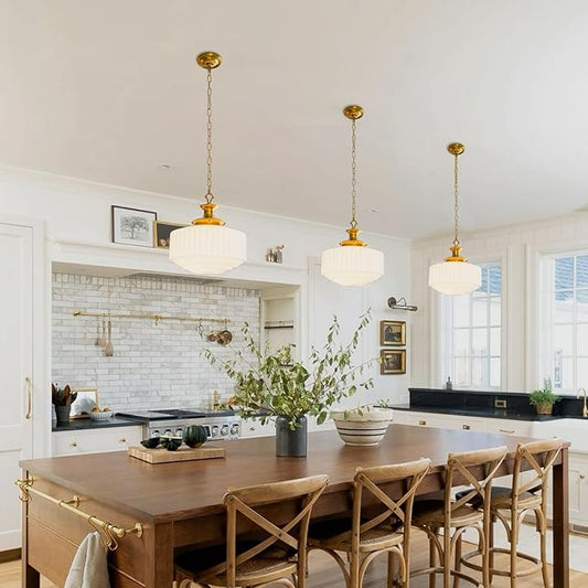 Vintage Brass Milk Glass Pendant Light Fixture, 13.8" White Pleated Glass Chandelier, Antique Pendant Lights, for Kitchen Island Lighting, Hallway, Bedroom, Dining Room, Foyer, E26 Bulb Included