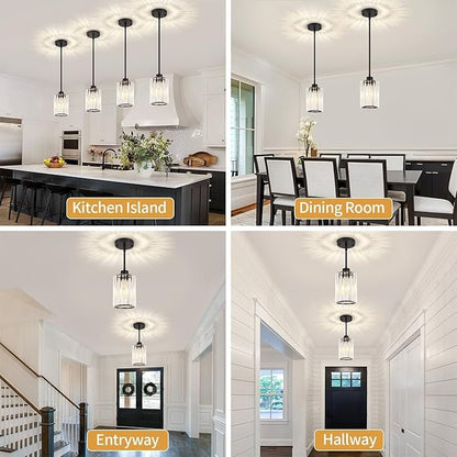2 Pack Black Pendant Lights Kitchen Island, Modern Crystal Kitchen Pendant Lighting Over Island Dining Room Light Fixtures Adjustable Hanging Pendant Light for Bathroom Hallway Entryway Foyer Bedroom