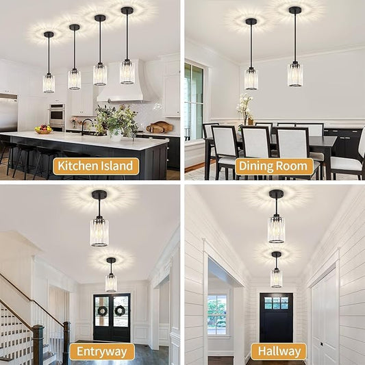 2 Pack Black Pendant Lights Kitchen Island, Modern Crystal Kitchen Pendant Lighting Over Island Dining Room Light Fixtures Adjustable Hanging Pendant Light for Bathroom Hallway Entryway Foyer Bedroom