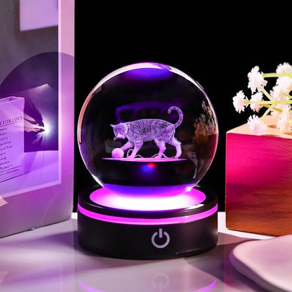 YWHL 3D Cat Figurine Crystal Ball with Colorful LED Base, Laser Engraved Cat Gifts for Women Men for Christmas Birthday, Cats Statue Glass Animal Decorative Ball for Home Decor (80mm)