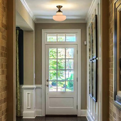 CLAXY Modern Gold Schoolhouse Ceiling Light Semi-Flush Mount Ceiling Light Fixture Ribbed Milk Glass Lamp for Hallway Entryway Bedroom Kitchen Bathroom