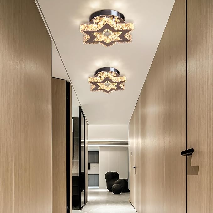 Mini LED Crystal Chandelier - Modern Dimmable Flush Mount Ceiling Light Fixture with Remote - Small Star Chandelier for Hallway, Foyer, Kitchen, Stair, Closet - 3 Colors Adjustable